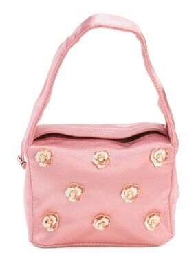 "Most Wanted" Blush Satin Party Cinched Top Handle Bag With Rose Pins